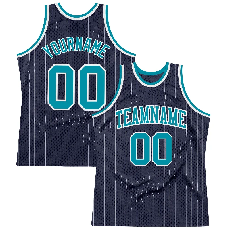 Basketball Jersey With Retro Style-Custom Navy White Pinstripe Teal Authentic Basketball Jersey