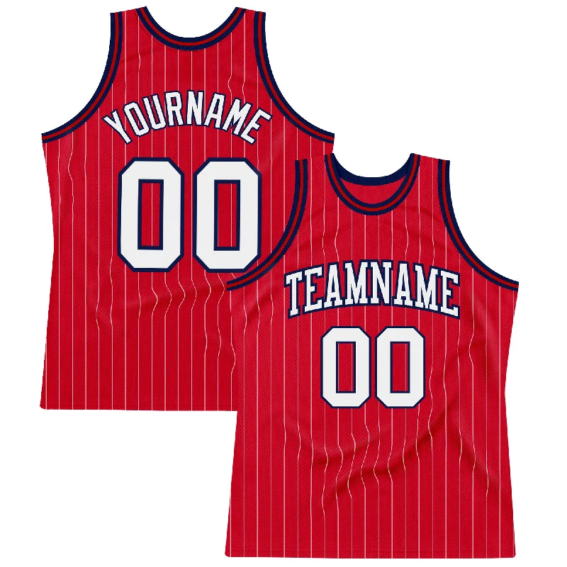 Basketball Jersey With Player Signatures-Custom Red White Pinstripe White-Navy Authentic Basketball Jersey