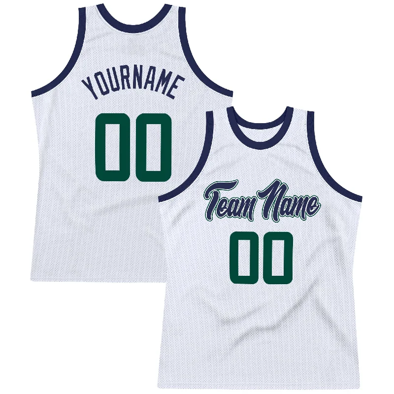 Basketball Jersey With Smooth Texture-Custom White Hunter Green-Navy Authentic Throwback Basketball Jersey