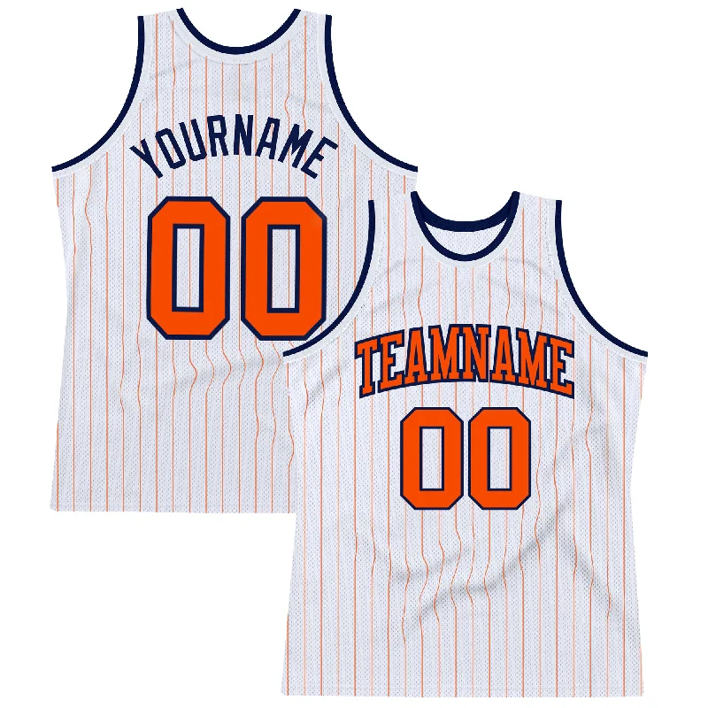 Basketball Jersey With Warranty-Custom White Orange Pinstripe Orange-Navy Authentic Basketball Jersey