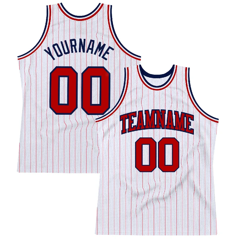 Basketball Jersey With Enhanced Comfort-Custom White Red Pinstripe Red-Navy Authentic Basketball Jersey