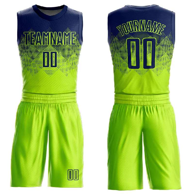 Basketball Jersey With Sponsor Logos-Custom Neon Green Navy Round Neck Sublimation Basketball Suit Jersey