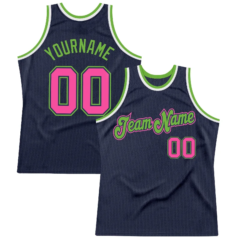 Basketball Jersey With Cotton Feel-Custom Navy Pink-Neon Green Authentic Throwback Basketball Jersey