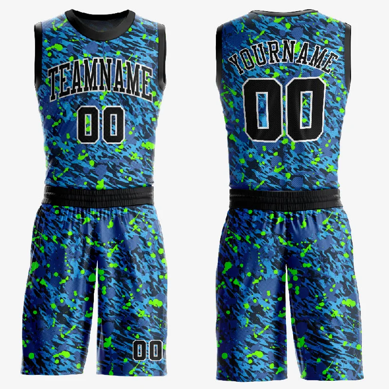 Basketball Jersey With Enhanced Comfort-Custom Royal Black-Neon Green Music Festival Round Neck Sublimation Basketball Suit Jersey