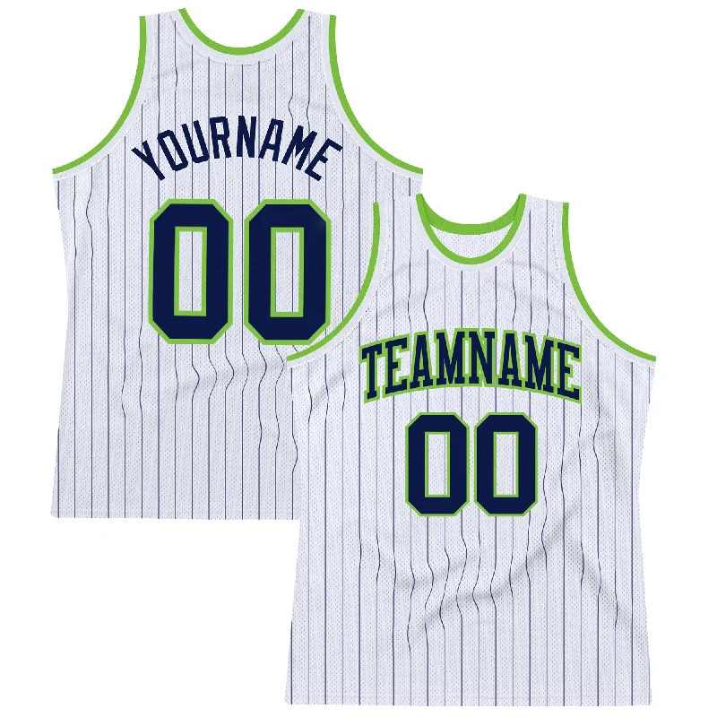 Basketball Jersey For Spring Games-Custom White Navy Pinstripe Navy-Neon Green Authentic Basketball Jersey