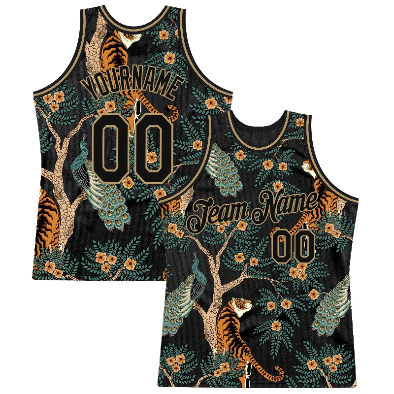 Basketball Jersey With Durable Stitching-Custom Black Black-Old Gold 3D Pattern Design Tiger And Peacock Authentic Basketball Jersey