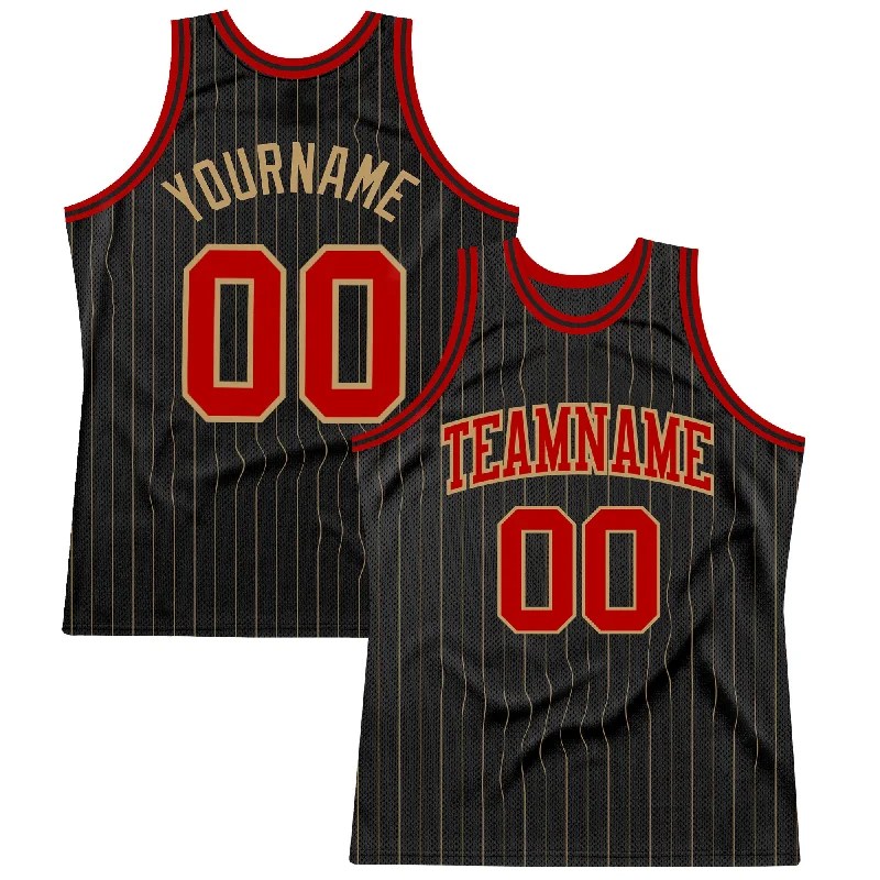 Basketball Jersey With Authentic Tags-Custom Black Old Gold Pinstripe Red-Old Gold Authentic Basketball Jersey