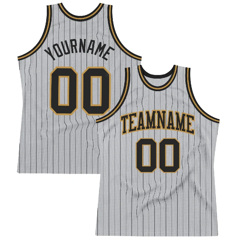 Basketball Jersey For Fan Gear-Custom Gray Black Pinstripe Black-Old Gold Authentic Basketball Jersey