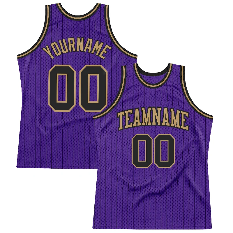 Basketball Jersey For Hardcore Supporters-Custom Purple Black Pinstripe Black-Old Gold Authentic Basketball Jersey