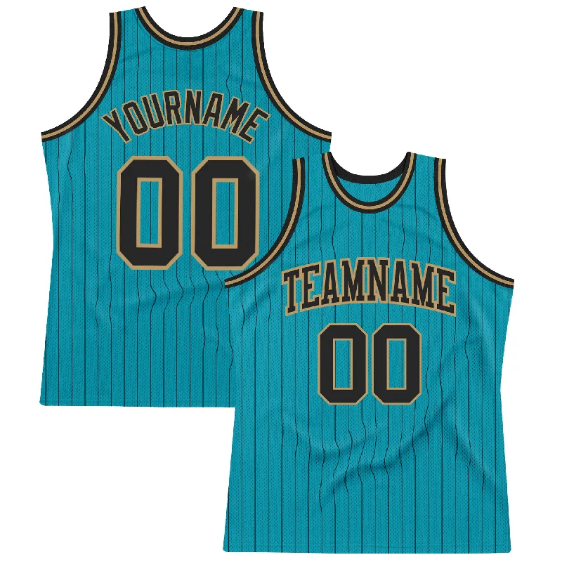 Basketball Jersey In White-Custom Teal Black Pinstripe Black-Old Gold Authentic Basketball Jersey