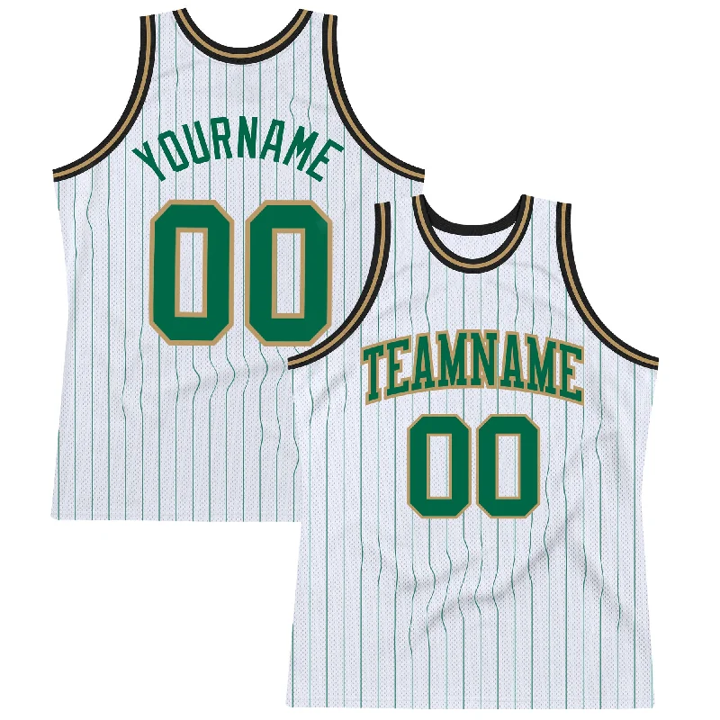 Basketball Jersey With Casual Appeal-Custom White Kelly Green Pinstripe Kelly Green Old Gold-Black Authentic Basketball Jersey