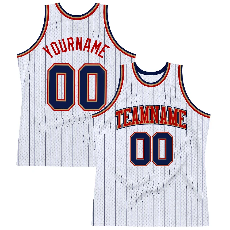 Basketball Jersey With Custom Designs-Custom White Navy Pinstripe Navy Old Gold-Red Authentic Basketball Jersey