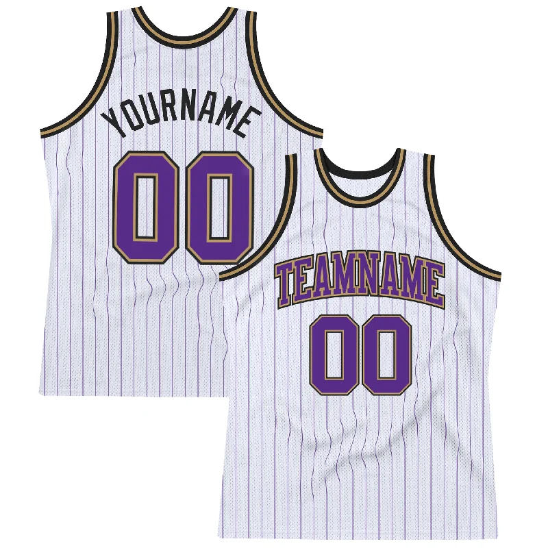 Basketball Jersey With Glow Accents-Custom White Purple Pinstripe Purple Old Gold-Black Authentic Basketball Jersey