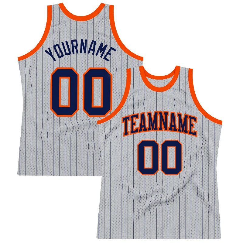 Basketball Jersey For Online Stores-Custom Gray Navy Pinstripe Navy-Orange Authentic Basketball Jersey