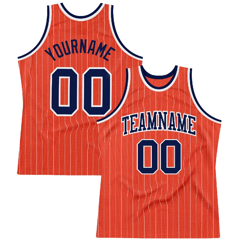 Basketball Jersey With Luxury Appeal-Custom Orange White Pinstripe Navy Authentic Basketball Jersey