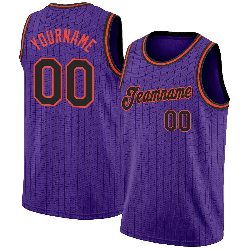 Basketball Jersey For Full Kits-Custom Purple Black Pinstripe Black-Orange Authentic Basketball Jersey