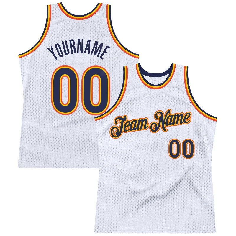 Basketball Jersey For Impact Resistance-Custom White Navy-Orange Authentic Throwback Basketball Jersey