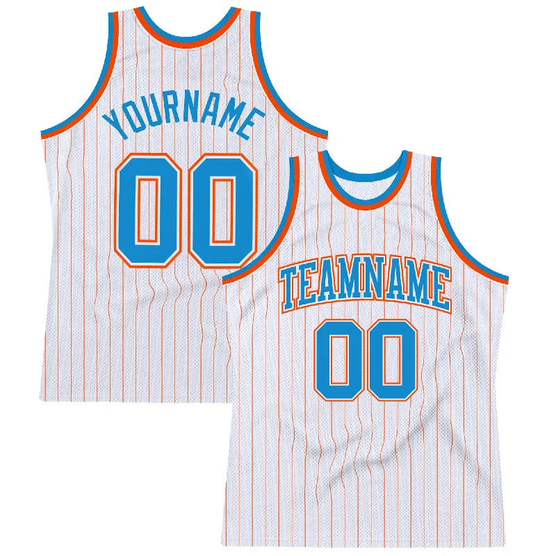 Basketball Jersey For Local Shops-Custom White Orange Pinstripe Blue-Orange Authentic Basketball Jersey