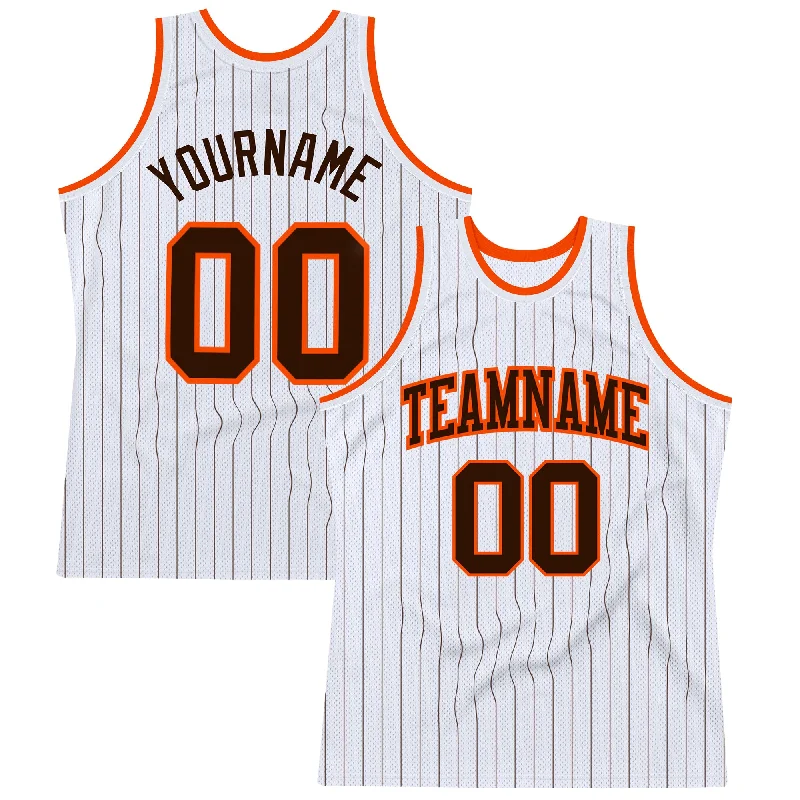 Basketball Jersey With Anti-Slip Grip-Custom White Brown Pinstripe Brown-Orange Authentic Basketball Jersey