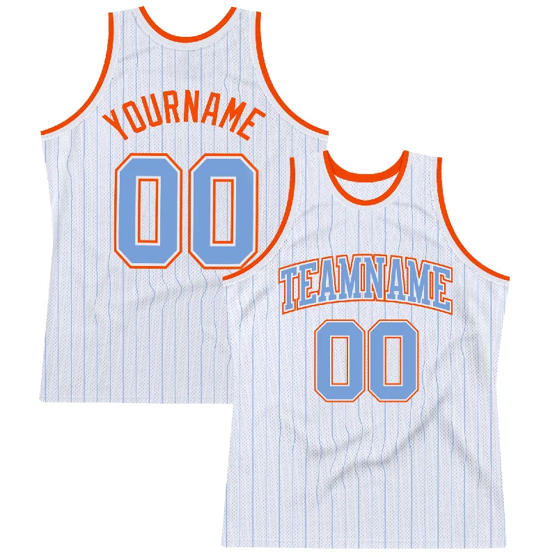 Basketball Jersey With Padded Shoulders-Custom White Light Blue Pinstripe Light Blue-Orange Authentic Basketball Jersey