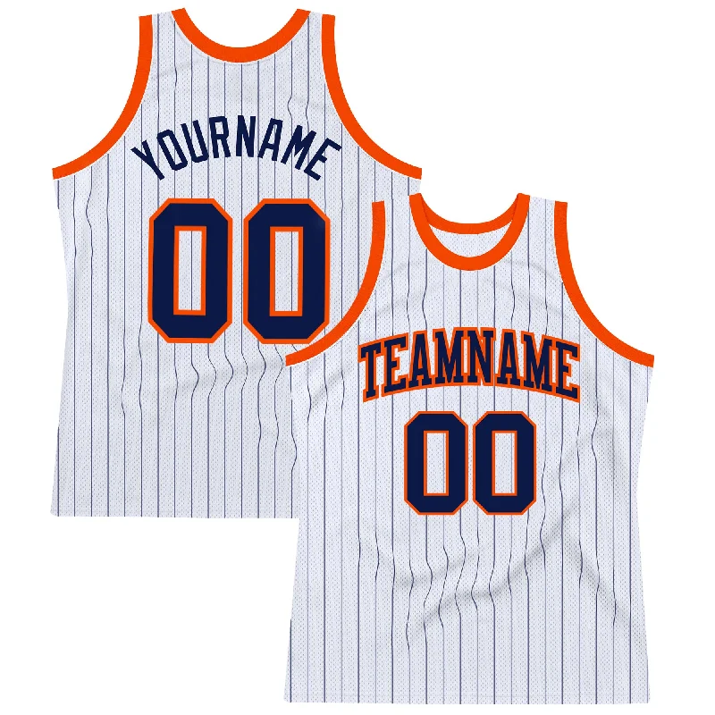 Basketball Jersey For Official Merch-Custom White Navy Pinstripe Navy-Orange Authentic Basketball Jersey