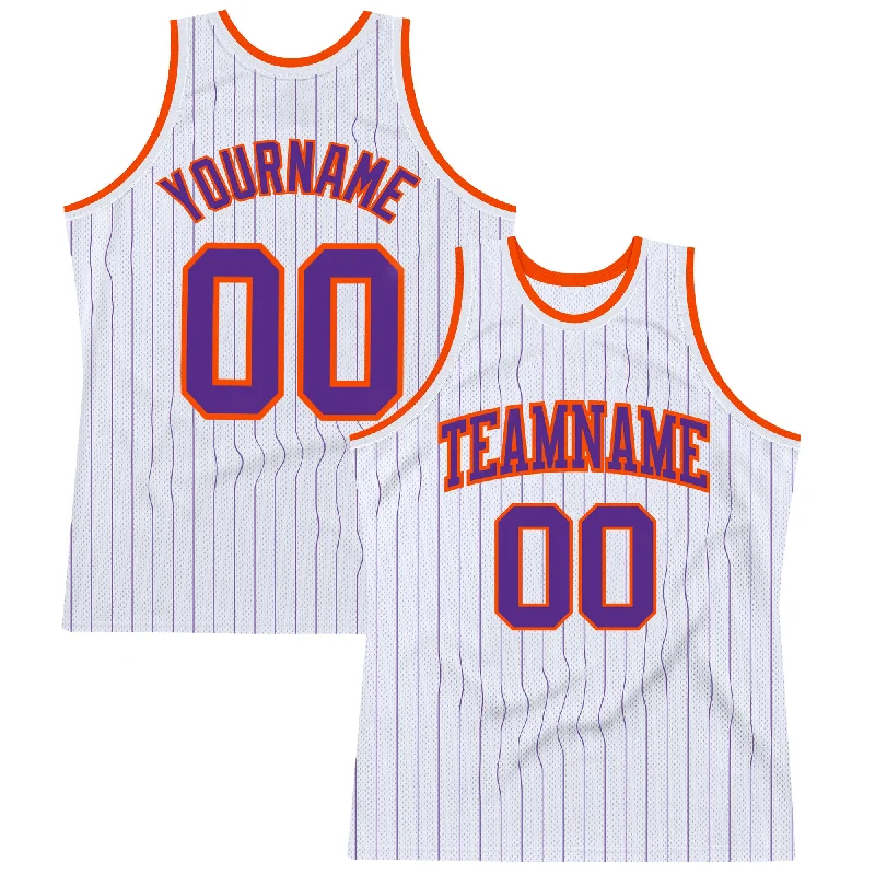 Basketball Jersey With Odor Control-Custom White Purple Pinstripe Purple-Orange Authentic Basketball Jersey