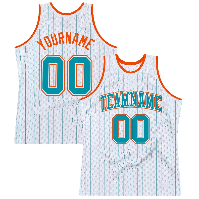 Basketball Jersey With Stretch Material-Custom White Teal Pinstripe Teal-Orange Authentic Basketball Jersey