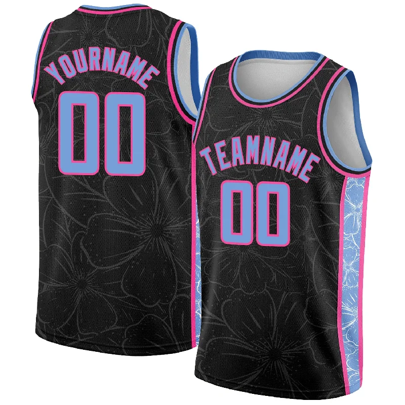 Basketball Jersey For Concrete Courts-Custom Black Light Blue-Pink Flowers Authentic City Edition Basketball Jersey