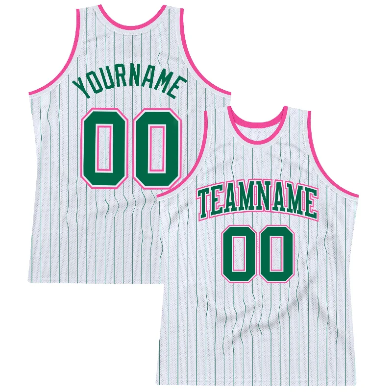 Basketball Jersey With Synthetic Blend-Custom White Kelly Green Pinstripe Kelly Green-Pink Authentic Basketball Jersey