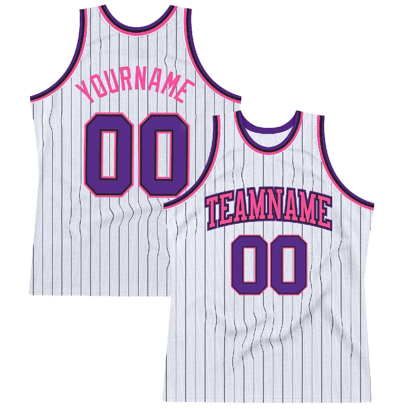 Basketball Jersey For Streetball-Custom White Black Pinstripe Purple-Pink Authentic Basketball Jersey