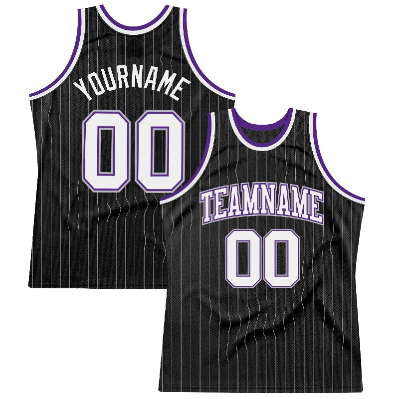 Basketball Jersey With Odor Control-Custom Black Gray Pinstripe White-Purple Authentic Basketball Jersey