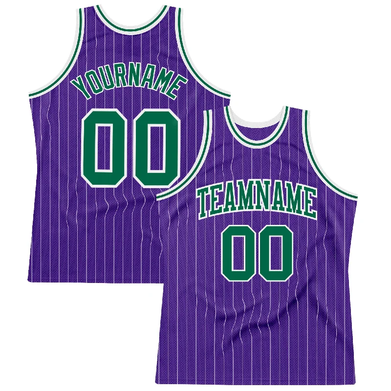 Basketball Jersey For Kids-Custom Purple White Pinstripe Kelly Green Authentic Basketball Jersey