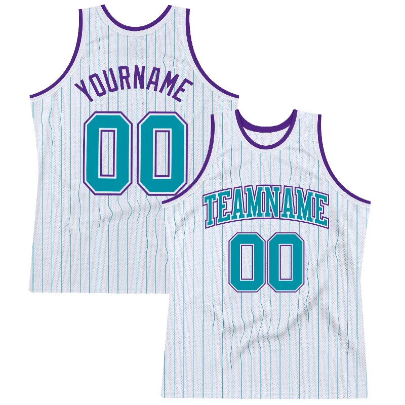 Basketball Jersey With Custom Designs-Custom White Teal Pinstripe Teal-Purple Authentic Basketball Jersey