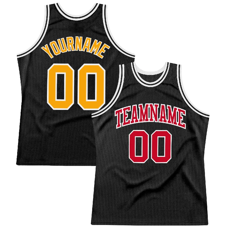 Basketball Jersey With Short Sleeves-Custom Black Gold-Red Authentic Throwback Basketball Jersey