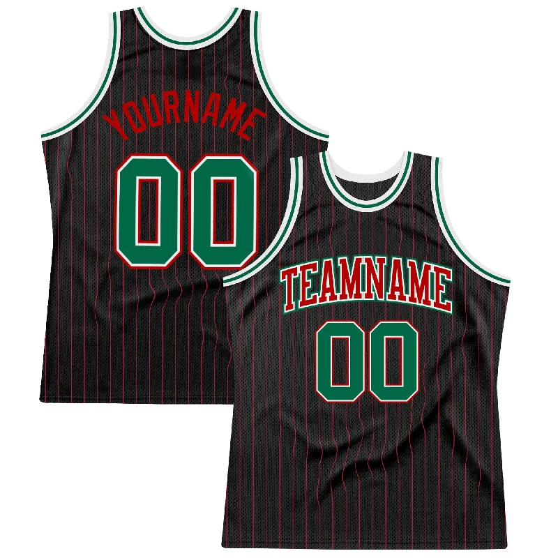 Basketball Jersey With Green Accents-Custom Black Red Pinstripe Kelly Green-Red Authentic Basketball Jersey