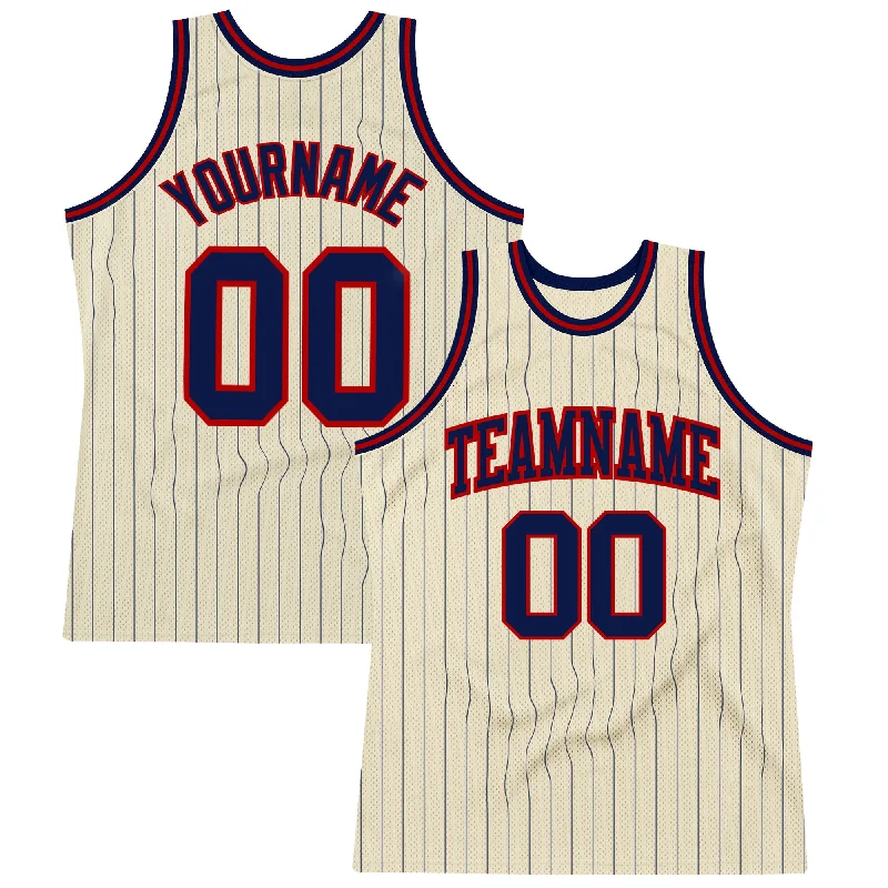 Basketball Jersey For Kids-Custom Cream Navy Pinstripe Navy-Red Authentic Basketball Jersey