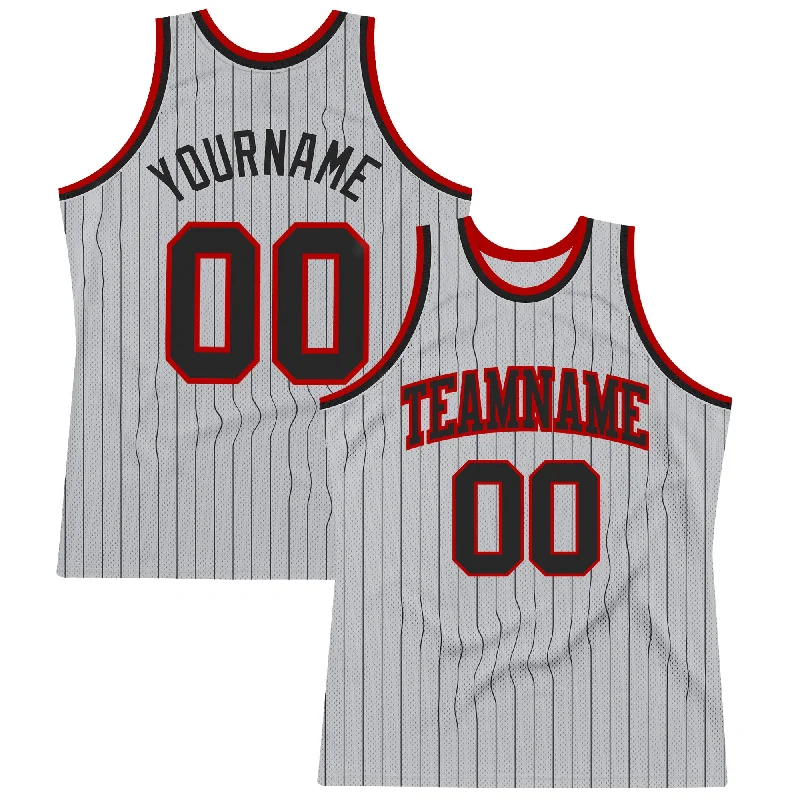 Basketball Jersey For Rookie Players-Custom Gray Black Pinstripe Black-Red Authentic Basketball Jersey