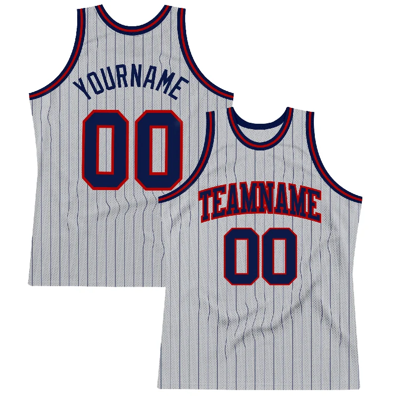 Basketball Jersey For Local Shops-Custom Gray Navy Pinstripe Navy-Red Authentic Basketball Jersey