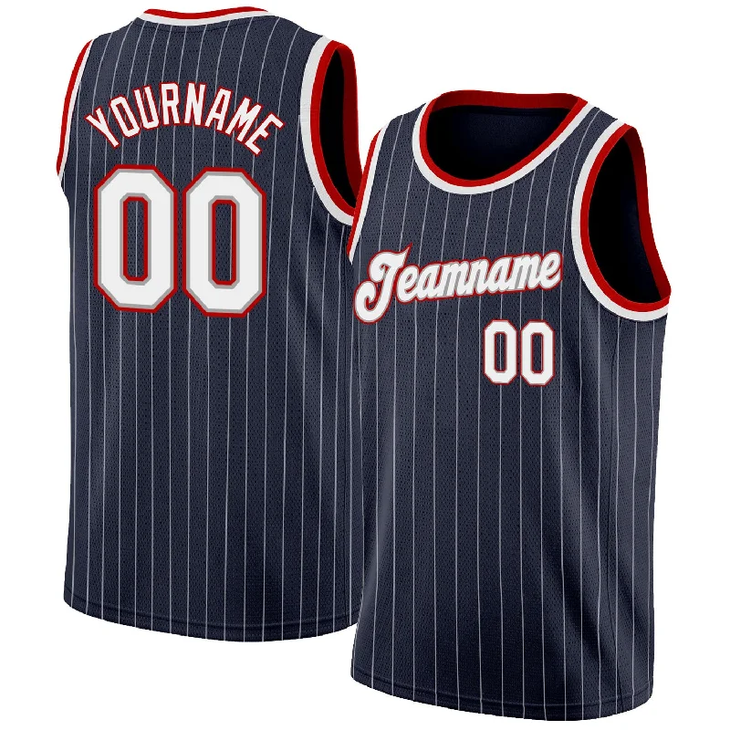 Basketball Jersey With Player Autographs-Custom Navy White Pinstripe White-Red Authentic Basketball Jersey