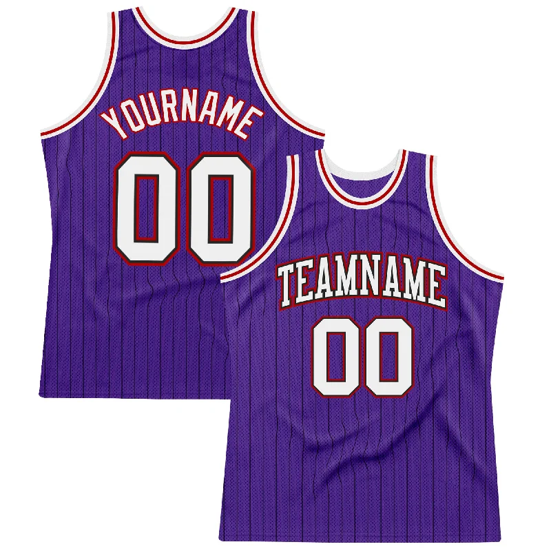 Basketball Jersey With Breathable Mesh-Custom Purple Black Pinstripe White-Red Authentic Basketball Jersey