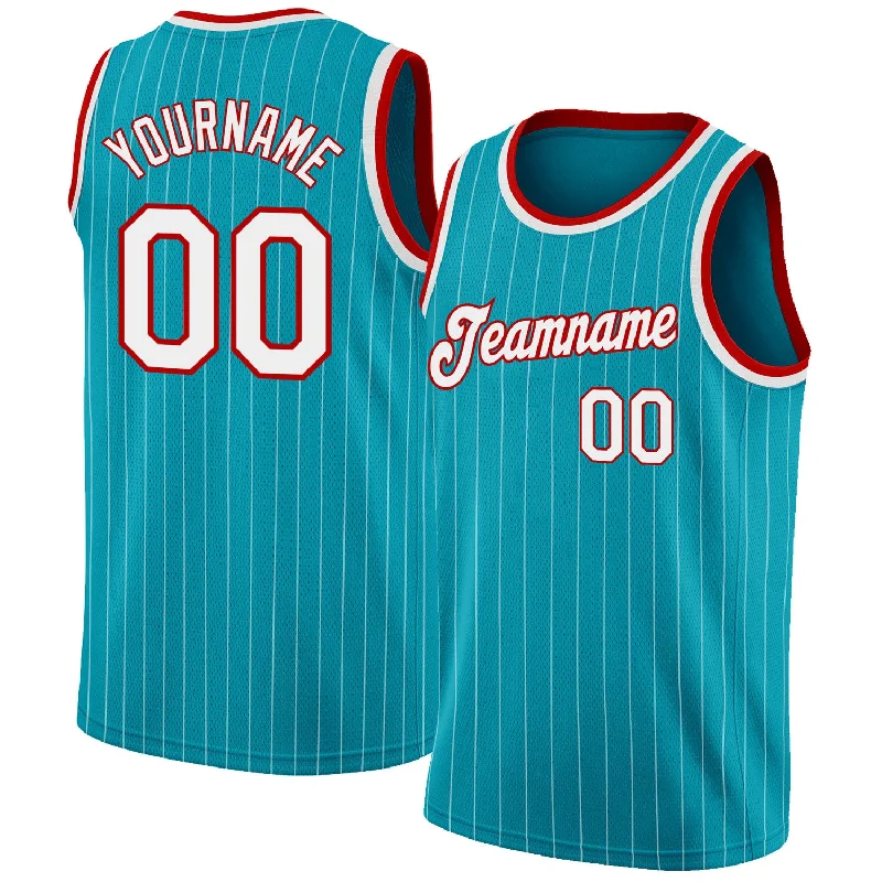 Basketball Jersey With High-Tech Fabric-Custom Teal White Pinstripe White-Red Authentic Basketball Jersey