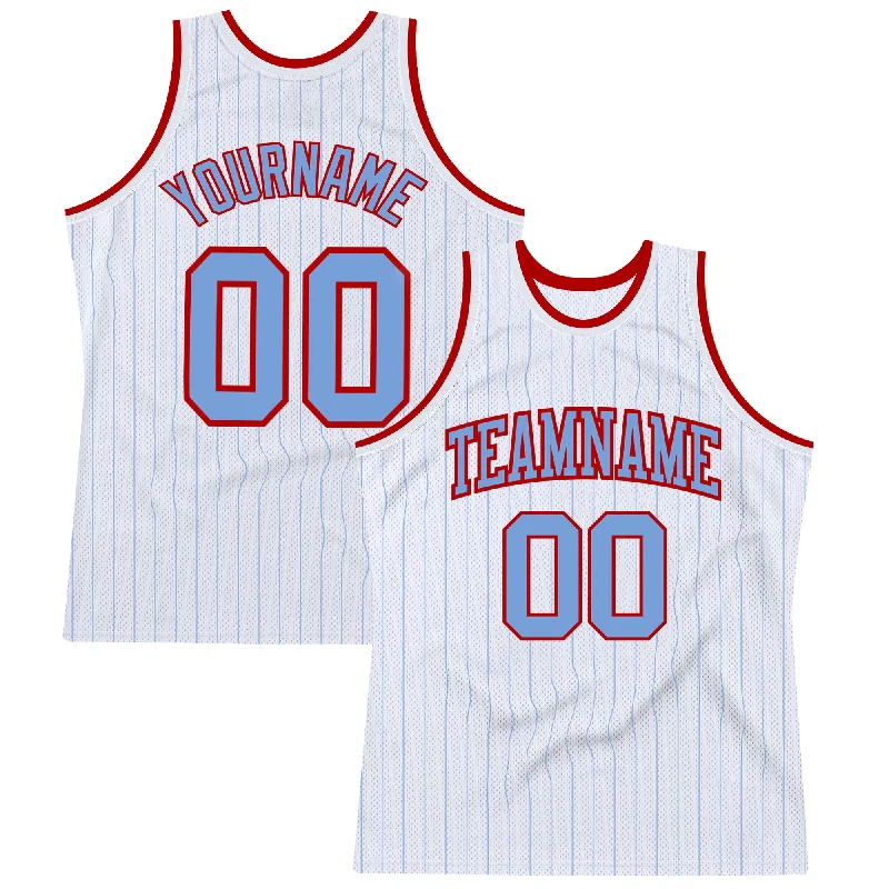 Basketball Jersey For College Fans-Custom White Light Blue Pinstripe Light Blue-Red Authentic Basketball Jersey