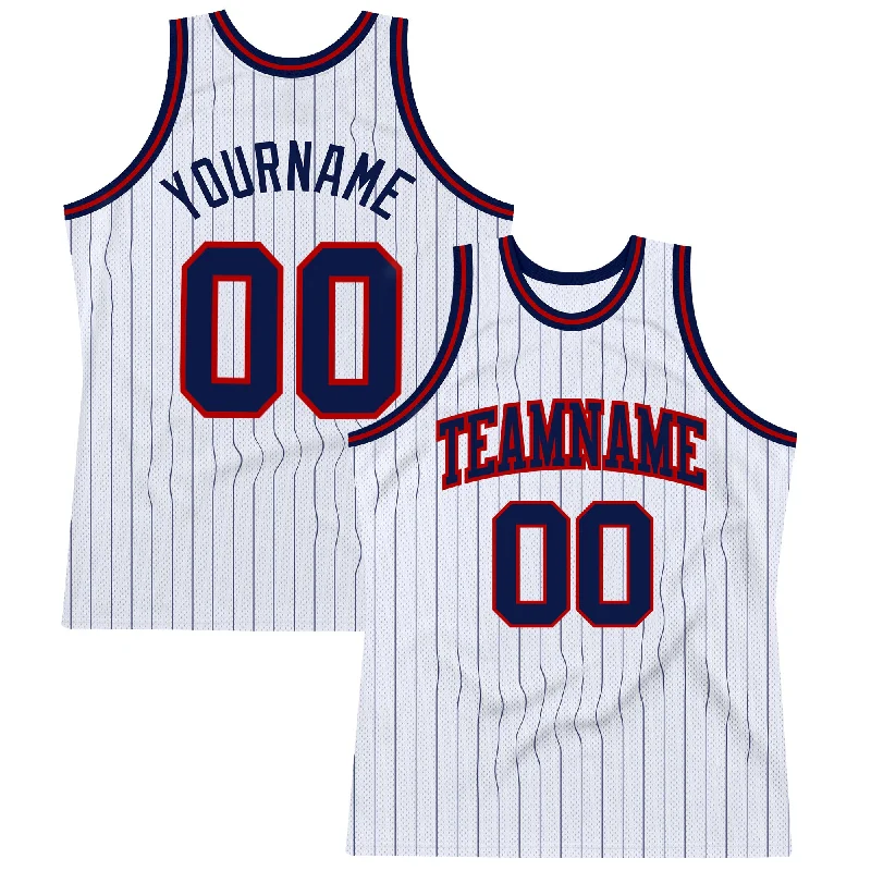 Basketball Jersey For Outdoor Courts-Custom White Navy Pinstripe Navy-Red Authentic Basketball Jersey