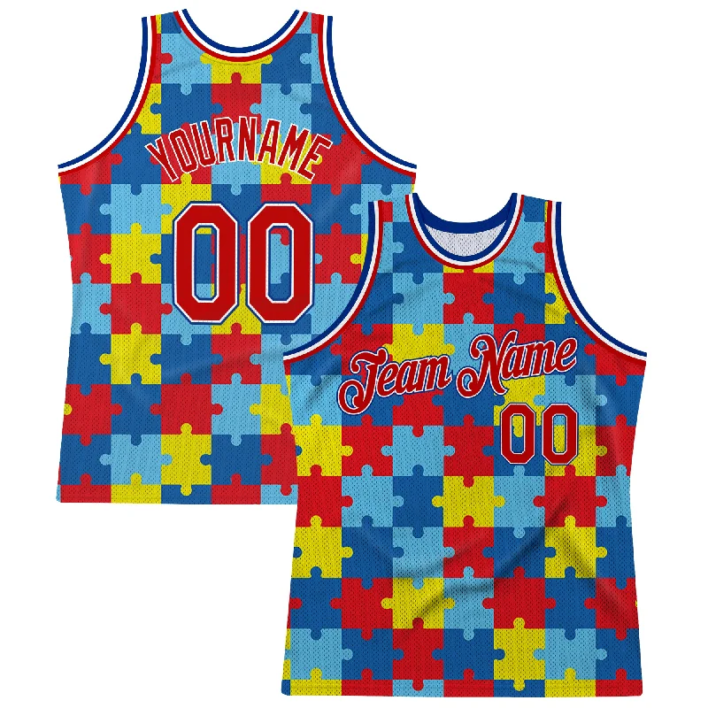 Basketball Jersey With Tailored Look-Custom Black Red-Royal 3D Pattern Design Autism Awareness Puzzle Pieces Authentic Basketball Jersey