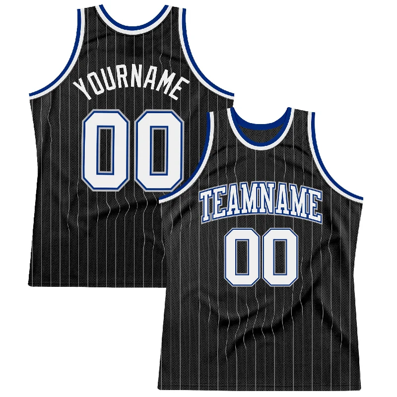 Basketball Jersey For Concrete Courts-Custom Black Gray Pinstripe White-Royal Authentic Basketball Jersey