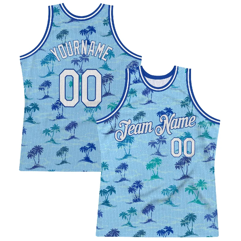 Basketball Jersey For Women-Custom Light Blue White-Royal 3D Pattern Hawaii Palm Trees Authentic Basketball Jersey