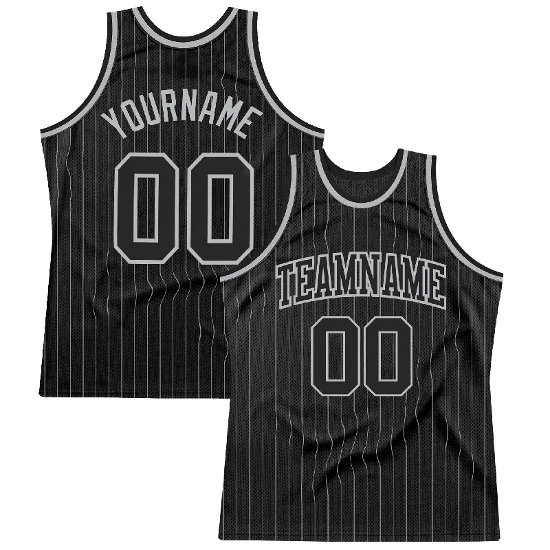 Basketball Jersey With Short Sleeves-Custom Black Gray Pinstripe Black-Gray Authentic Basketball Jersey