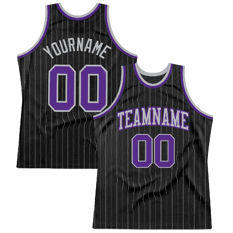 Basketball Jersey For High Intensity-Custom Black Gray Pinstripe Purple-Gray Authentic Basketball Jersey