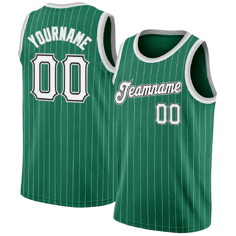 Basketball Jersey With Slim Fit-Custom Kelly Green White Pinstripe White-Gray Authentic Basketball Jersey