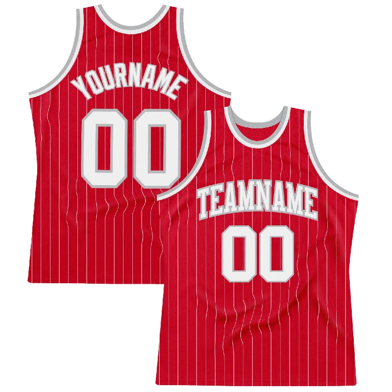 Basketball Jersey With Bold Patterns-Custom Red White Pinstripe White-Gray Authentic Basketball Jersey